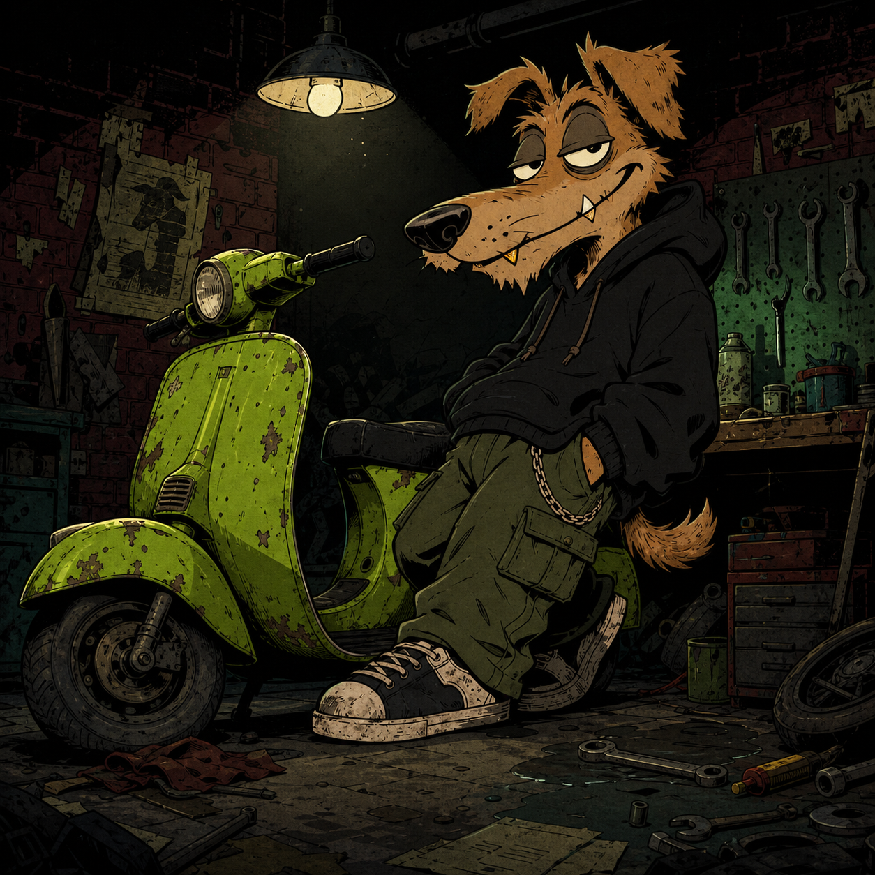 Rex in an underground scooter garage