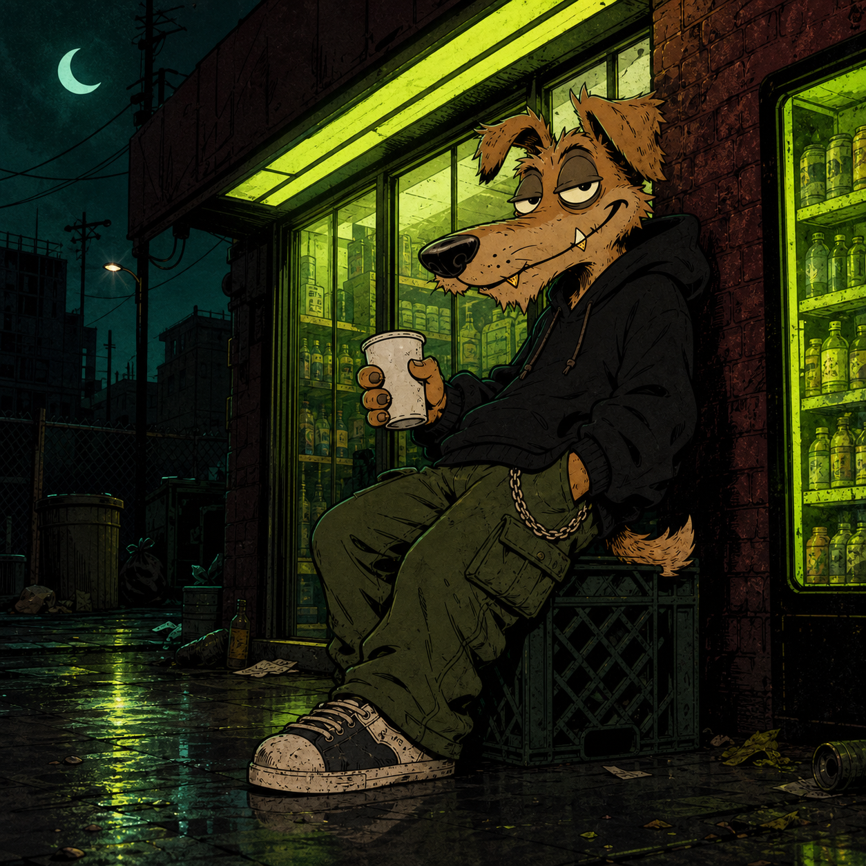 Rex outside an all-night corner store